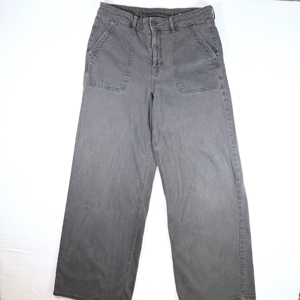American Eagle Super High Rise Baggy Wide Leg Gray Stretch Pants Womens Size 10